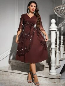 SHEIN Clasi Plus Contrast Sequin Mesh Overlay Dress Fall - Brown - View 4