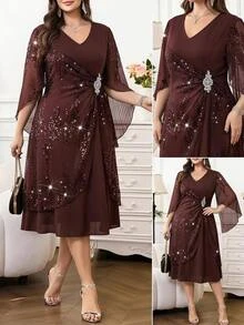 SHEIN Clasi Plus Contrast Sequin Mesh Overlay Dress Fall - Brown - View 8