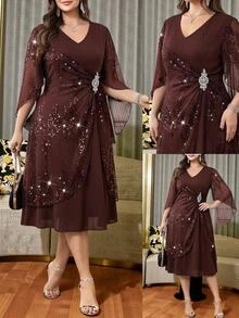SHEIN Clasi Plus Contrast Sequin Mesh Overlay Dress Fall - Brown - View 2