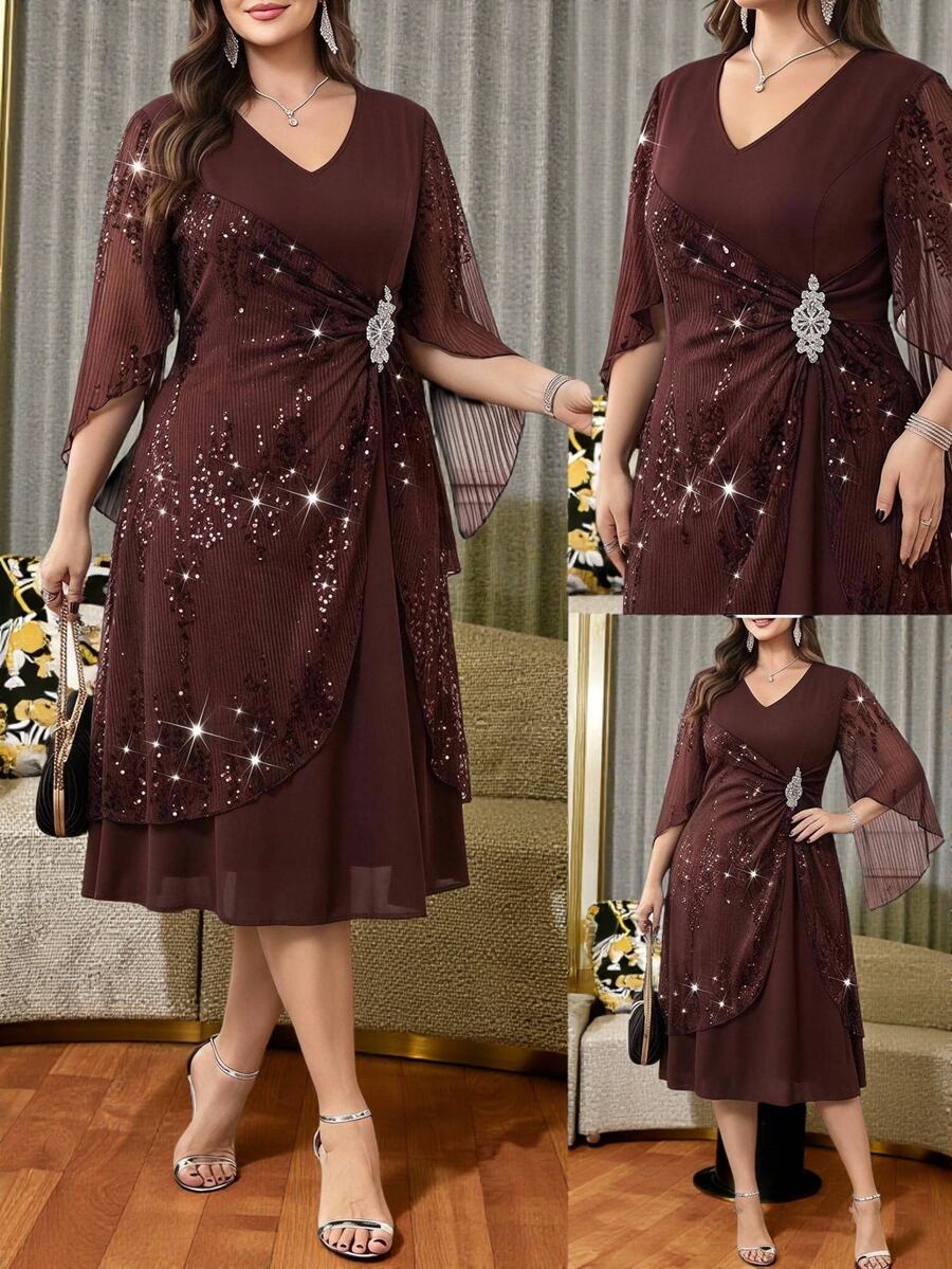 SHEIN Clasi Plus Contrast Sequin Mesh Overlay Dress Fall
