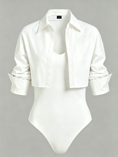 Selianne Set da 2 pezzi da donna con camicia corta con colletto + body, outfit aderente e lusinghiero a strati, stile minimalista alla moda da pendolare, body aderente che accentua le curve, camicia corta casual aperta, look da ragazza sexy