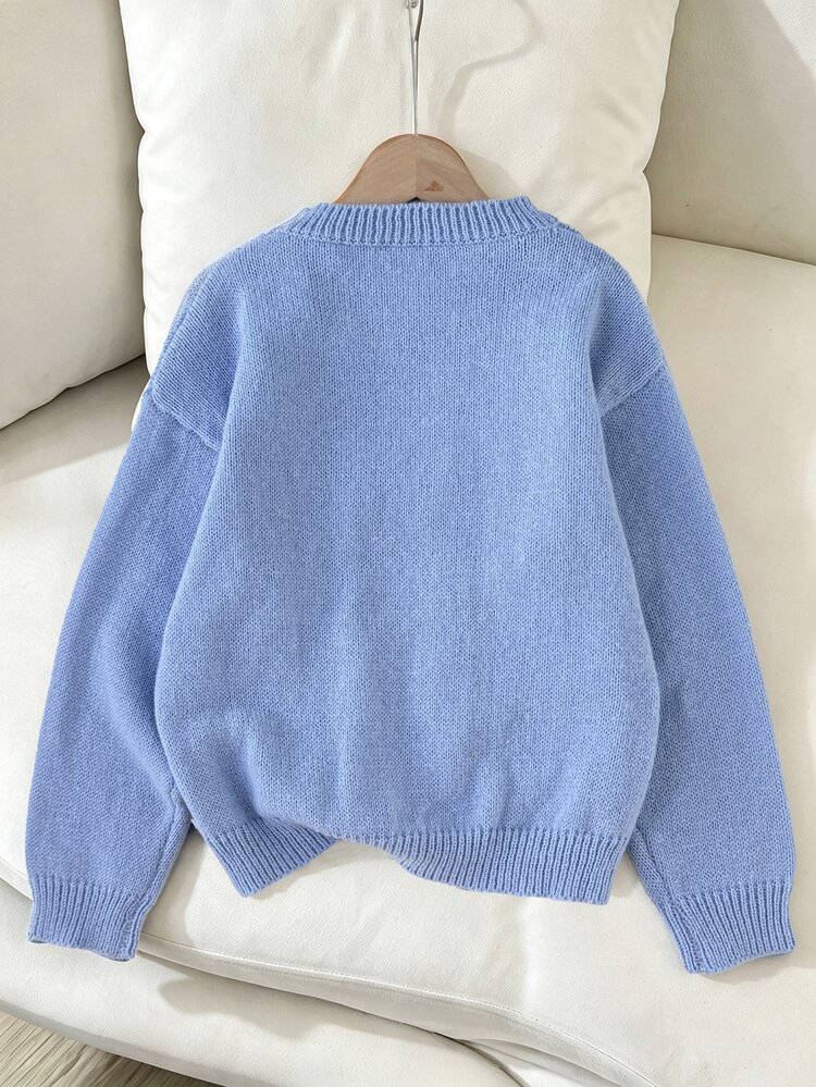 SHEIN Kids Tween Girls Autumn/Winter Casual Elegant Sky Blue Textured Jacquard Pullover Long Sleeve Sweater, Suitable For Autumn Outings, Back To School, Daily Wear - Baby Blue - View 6