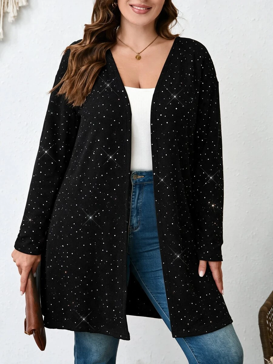 Comfylo Plus Size Fashion Sequin Long Sleeve Jacket For Vacation And Travel - Black - View 1