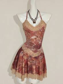 SHEIN ICON Print Lace Patchwork Deep V-Neck Mini Dress - Brown - View 4