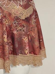 SHEIN ICON Print Lace Patchwork Deep V-Neck Mini Dress - Brown - View 8