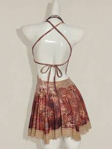 SHEIN ICON Print Lace Patchwork Deep V-Neck Mini Dress - Brown - View 2