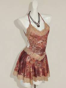 SHEIN ICON Print Lace Patchwork Deep V-Neck Mini Dress - Brown - View 6