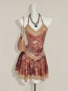 SHEIN ICON Print Lace Patchwork Deep V-Neck Mini Dress - Brown - View 3