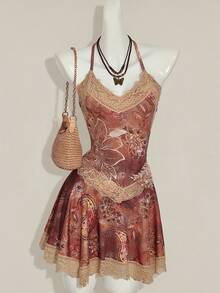 SHEIN ICON Print Lace Patchwork Deep V-Neck Mini Dress - Brown - View 9