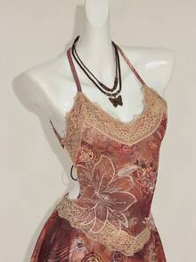 SHEIN ICON Print Lace Patchwork Deep V-Neck Mini Dress - Brown - View 7