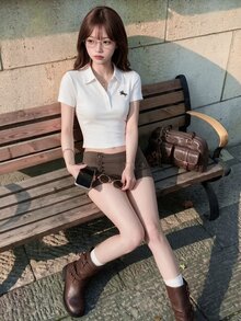 K-Vae 女士休闲白色马球领刺绣马术短袖 T 恤 - 白色 - 查看 4