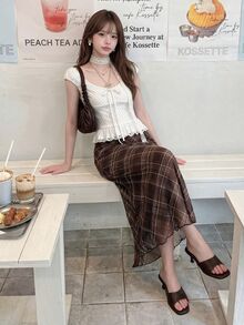 K-Vae Women's Knitted Plaid Net Mesh Mermaid Hem Skirt, Elegant - Mocha Brown - View 1