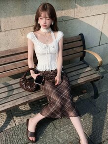 K-Vae Women's Knitted Plaid Net Mesh Mermaid Hem Skirt, Elegant - Mocha Brown - View 3