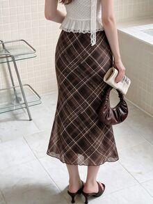 K-Vae Women's Knitted Plaid Net Mesh Mermaid Hem Skirt, Elegant - Mocha Brown - View 2