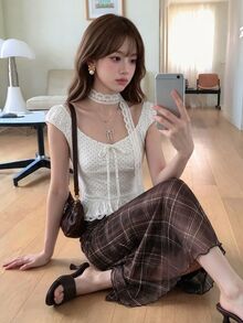 K-Vae Women's Knitted Plaid Net Mesh Mermaid Hem Skirt, Elegant - Mocha Brown - View 4
