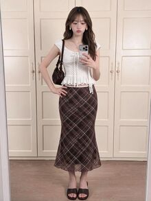 K-Vae Women's Knitted Plaid Net Mesh Mermaid Hem Skirt, Elegant - Mocha Brown - View 5