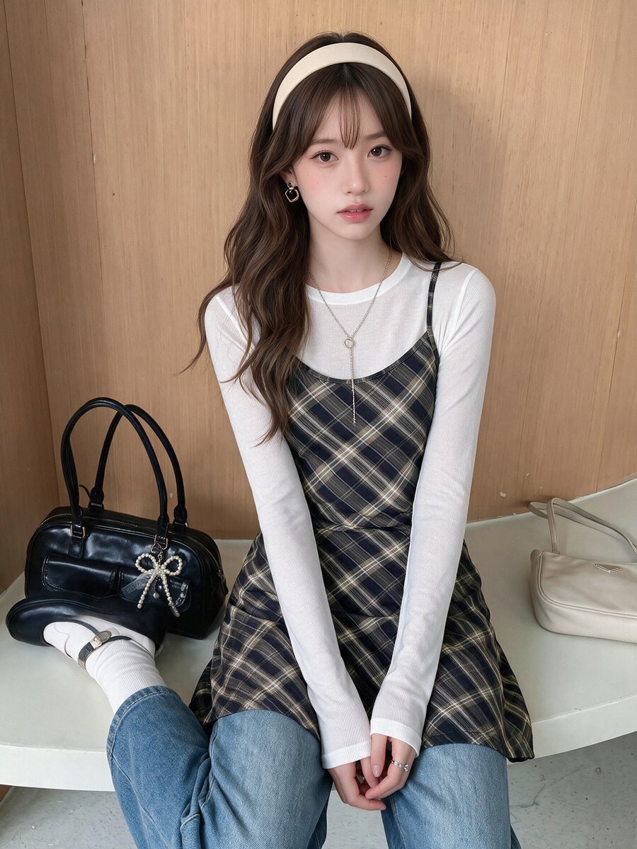 K-Vae Plaid Knitted Cami Dress - Black and White - View 1
