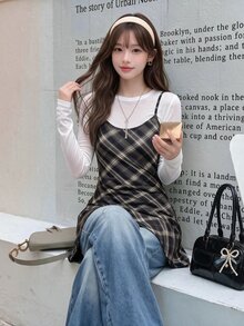 K-Vae Plaid Knitted Cami Dress - Black and White - View 3