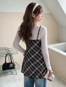 K-Vae Plaid Knitted Cami Dress - Black and White - View 2