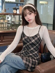 K-Vae Plaid Knitted Cami Dress - Black and White - View 5