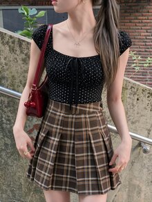 K-Vae 格子印花褶皱裙，女士休闲纽扣、褶皱、拉链迷你紧身自然多色格子女裙，春夏，休闲日常穿着 - 彩色 - 查看 5