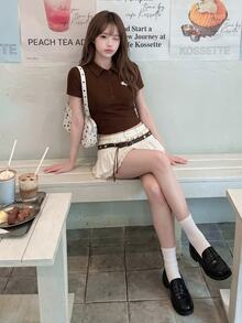 K-Vae Brown Polo Collar Embroidered Short Sleeve T-Shirt - Brown - View 3