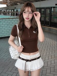 K-Vae Brown Polo Collar Embroidered Short Sleeve T-Shirt - Brown - View 1