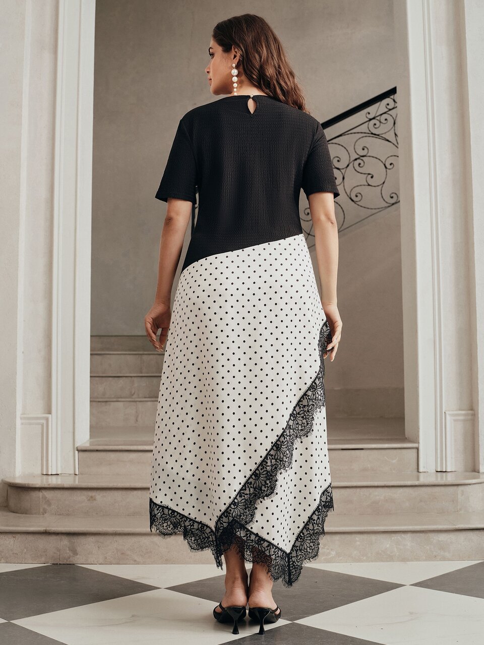 Women's Plus Size Mid-Length Elegant Party Dress, Black With Polka Dot Print And Lace Trim