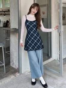 K-Vae Plaid Printed Cami Dress - Navy Blue - View 5