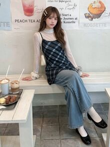 K-Vae Plaid Printed Cami Dress - Navy Blue - View 3