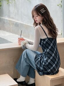 K-Vae Plaid Printed Cami Dress - Navy Blue - View 2