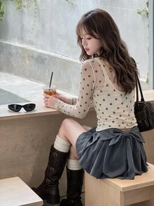 K-Vae Women Simple Solid Color Bow Decor Pleated Grey Skirt, Casual Vacation - Grey - View 2
