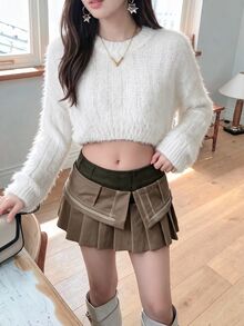 K-Vae Solid Drop Shoulder Crop Fuzzy Sweater,Long Sleeve Tops In Fall/Winter - White - View 6