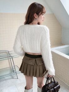 K-Vae Solid Drop Shoulder Crop Fuzzy Sweater,Long Sleeve Tops In Fall/Winter - White - View 2