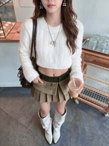 K-Vae Solid Drop Shoulder Crop Fuzzy Sweater,Long Sleeve Tops In Fall/Winter - White - View 3