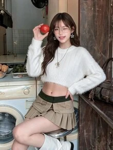 K-Vae Solid Drop Shoulder Crop Fuzzy Sweater,Long Sleeve Tops In Fall/Winter - White - View 5
