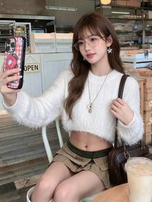 K-Vae Solid Drop Shoulder Crop Fuzzy Sweater,Long Sleeve Tops In Fall/Winter - White - View 1