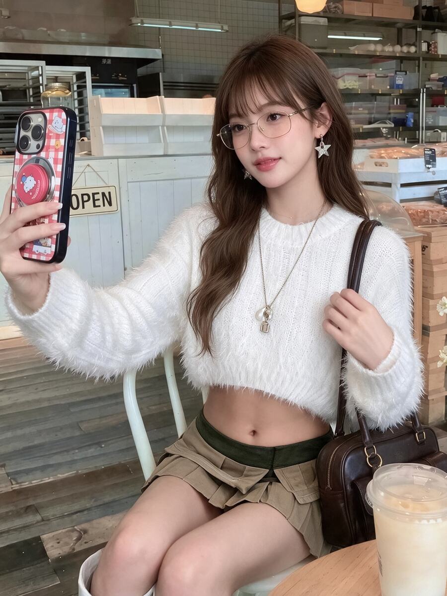 K-Vae Solid Drop Shoulder Crop Fuzzy Sweater,Long Sleeve Tops In Fall/Winter - White - View 1