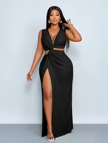 SOLERSUN 大码女装春夏纯色纹理面料腰部镂空扭纹高开衩性感长裙，海滩度假 - 黑色 - 查看 7