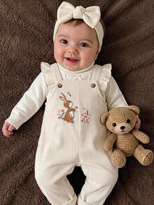 SHEIN Baby Girl Baby Girl Cute Autumn/Winter Short Flutter Sleeve Funny Rabbit Animal Embroidered Pattern, Versatile Casual Romper - Beige - View 1