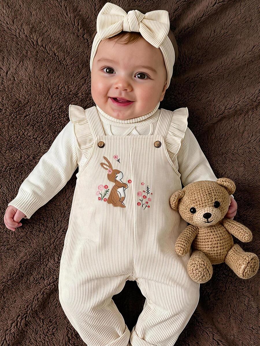 SHEIN Baby Girl Baby Girl Cute Autumn/Winter Short Flutter Sleeve Funny Rabbit Animal Embroidered Pattern, Versatile Casual Romper - Beige - View 1