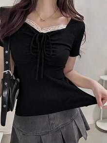 FRIFUL Women's Casual Contrast Lace Front Drawstring Short Sleeve T-Shirt, Summer Cute Tops - Black - View 9