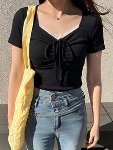 FRIFUL Women's Casual Contrast Lace Front Drawstring Short Sleeve T-Shirt, Summer Cute Tops - Black - View 6