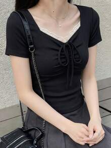 FRIFUL Women's Casual Contrast Lace Front Drawstring Short Sleeve T-Shirt, Summer Cute Tops - Black - View 7