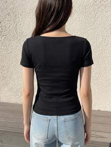 FRIFUL Women's Casual Contrast Lace Front Drawstring Short Sleeve T-Shirt, Summer Cute Tops - Black - View 2