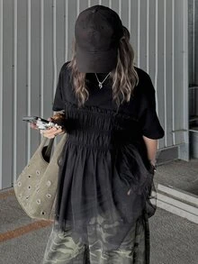 FRIFUL Women's Solid Color Round Neck Fashionable Short Sleeve T-Shirt, Summer Cute Top - Black - View 6