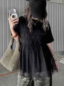 FRIFUL Women's Solid Color Round Neck Fashionable Short Sleeve T-Shirt, Summer Cute Top - Black - View 4
