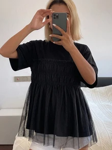 FRIFUL Women's Solid Color Round Neck Fashionable Short Sleeve T-Shirt, Summer Cute Top - Black - View 9