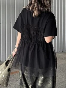 FRIFUL Women's Solid Color Round Neck Fashionable Short Sleeve T-Shirt, Summer Cute Top - Black - View 2