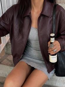 DAZY Spring New Vintage Leather Jacket, Short Style, Regular Fit, Suitable For Valentine's Day - Burgundy - View 7